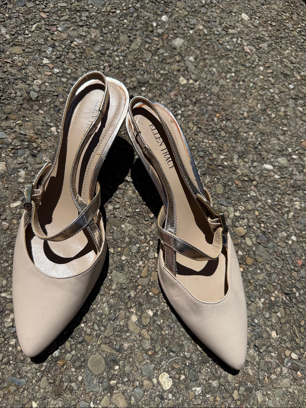 Ellen Tracy Nude Pointed-Toe Slingback Heels with Metallic Straps